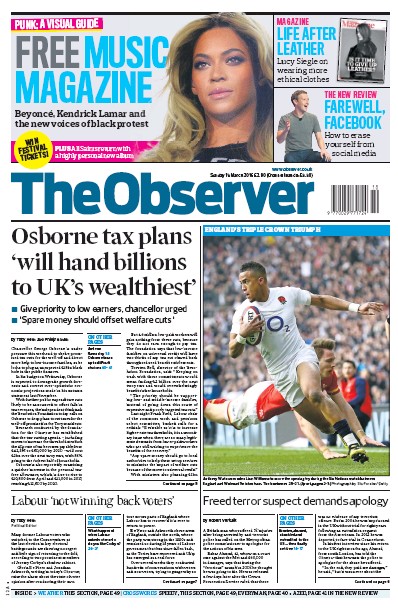 The Observer (UK) Newspaper Front Page for 13 March 2016