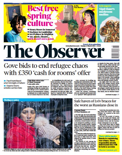 The Observer Newspaper Front Page for 13 March 2022