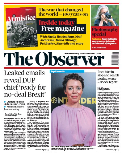 The Observer Newspaper Front Page for 14 October 2018