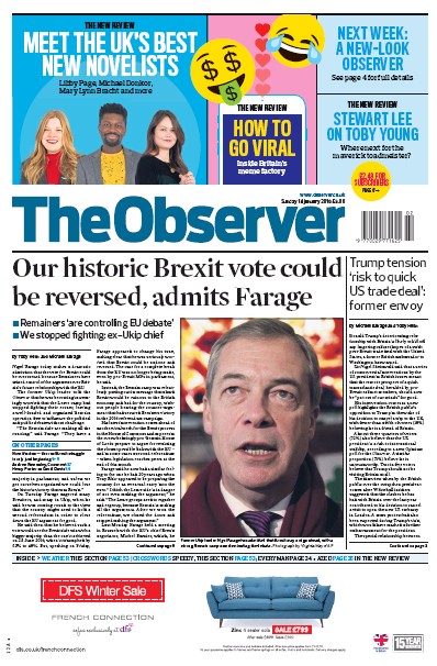 The Observer Newspaper Front Page for 14 January 2018