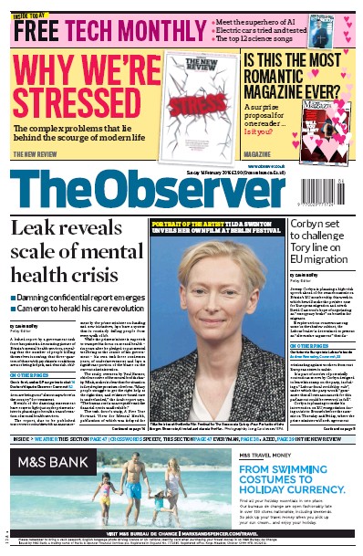 The Observer Newspaper Front Page for 14 February 2016