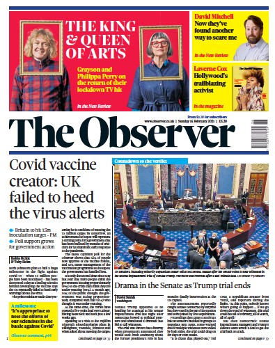 The Observer Newspaper Front Page for 14 February 2021
