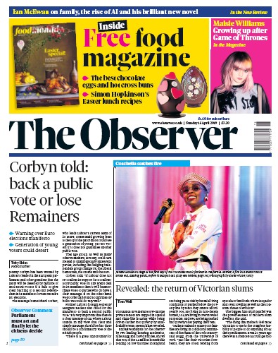 The Observer (UK) Newspaper Front Page for 14 April 2019