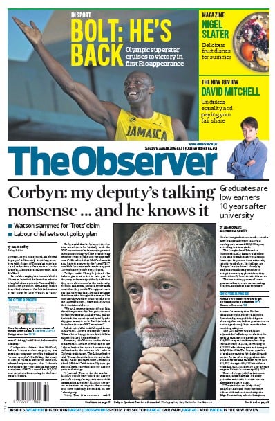 The Observer (UK) Newspaper Front Page for 14 August 2016
