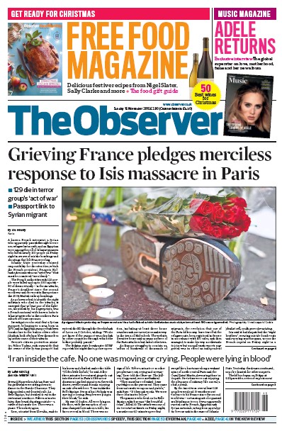 The Observer (UK) Newspaper Front Page for 15 November 2015