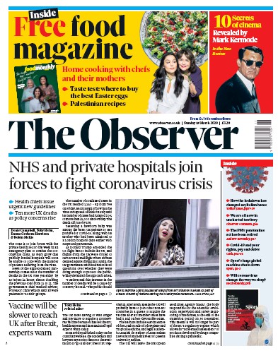 The Observer Newspaper Front Page for 15 March 2020