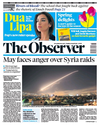 The Observer (UK) Newspaper Front Page for 15 April 2018