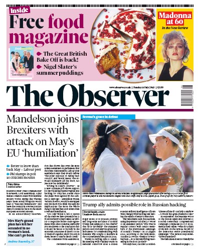 The Observer Newspaper Front Page for 15 July 2018