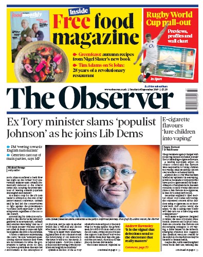 The Observer Newspaper Front Page for 15 September 2019