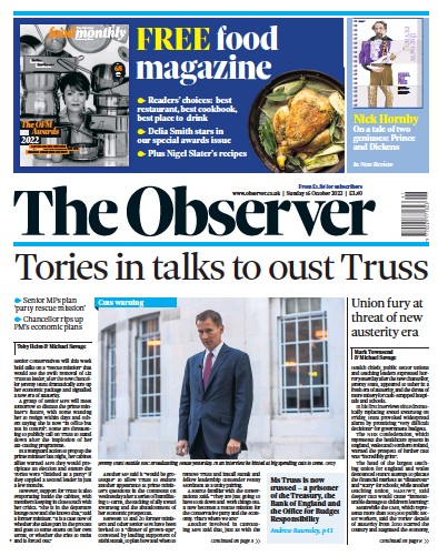 The Observer (UK) Newspaper Front Page for 16 October 2022