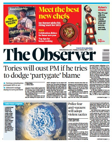 The Observer (UK) Newspaper Front Page for 16 January 2022