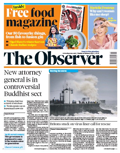 The Observer (UK) Newspaper Front Page for 16 February 2020