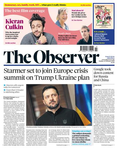 The Observer (UK) Newspaper Front Page for 16 February 2025