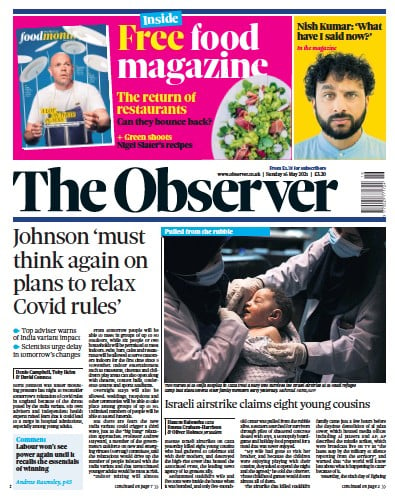 The Observer (UK) Newspaper Front Page for 16 May 2021