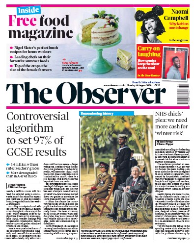 The Observer Newspaper Front Page for 16 August 2020