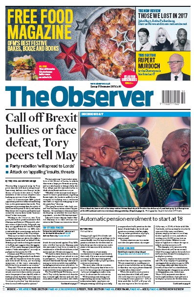 The Observer (UK) Newspaper Front Page for 17 December 2017