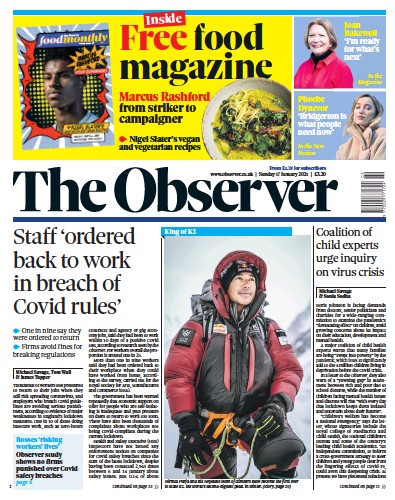 The Observer Newspaper Front Page for 17 January 2021