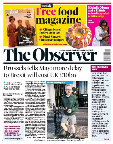 The Observer (UK) Newspaper Front Page for 18 November 2018