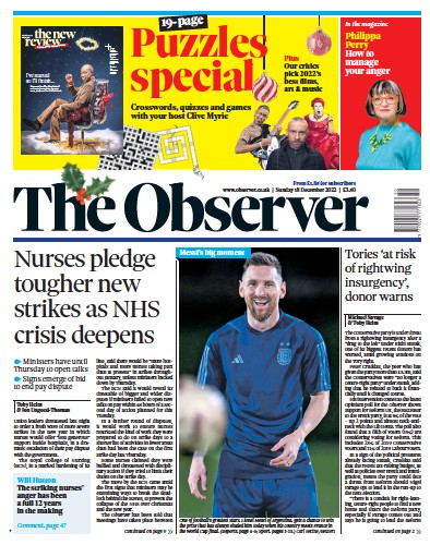 The Observer Newspaper Front Page for 18 December 2022