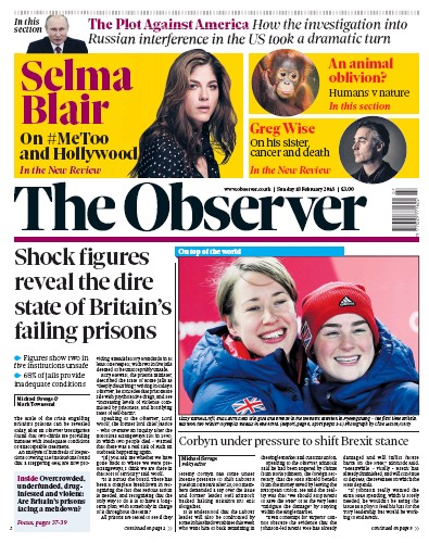 The Observer Newspaper Front Page for 18 February 2018