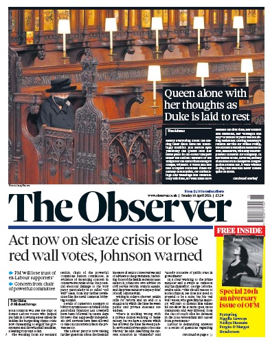 The Observer (UK) Newspaper Front Page for 18 April 2021