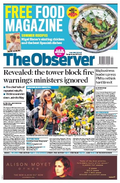 The Observer Newspaper Front Page for 18 June 2017
