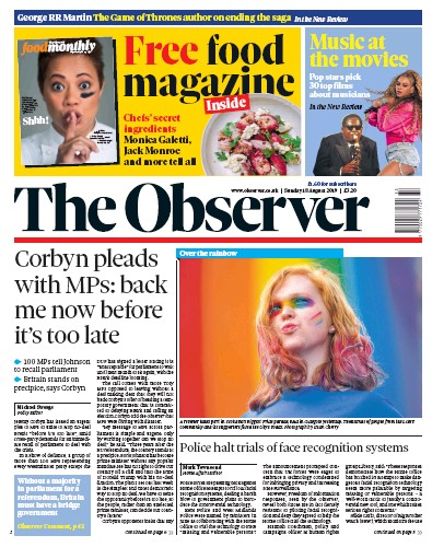 The Observer (UK) Newspaper Front Page for 18 August 2019