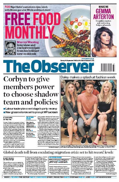 The Observer Newspaper Front Page for 18 September 2016