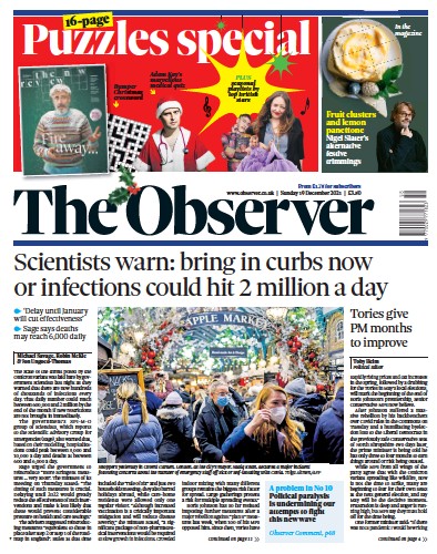 The Observer (UK) Newspaper Front Page for 19 December 2021