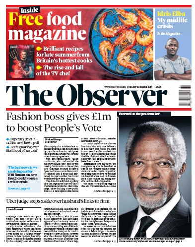 The Observer (UK) Newspaper Front Page for 19 August 2018