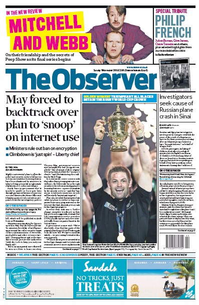 The Observer (UK) Newspaper Front Page for 1 November 2015