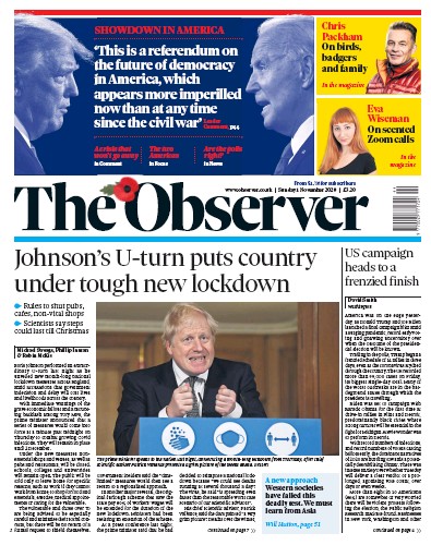 The Observer (UK) Newspaper Front Page for 1 November 2020