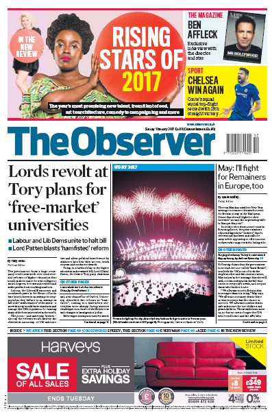 The Observer Newspaper Front Page for 1 January 2017