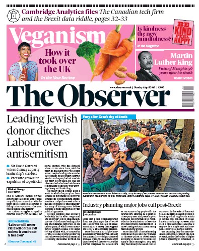 The Observer Newspaper Front Page for 1 April 2018