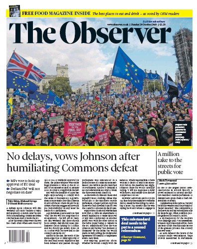 The Observer Newspaper Front Page for 20 October 2019