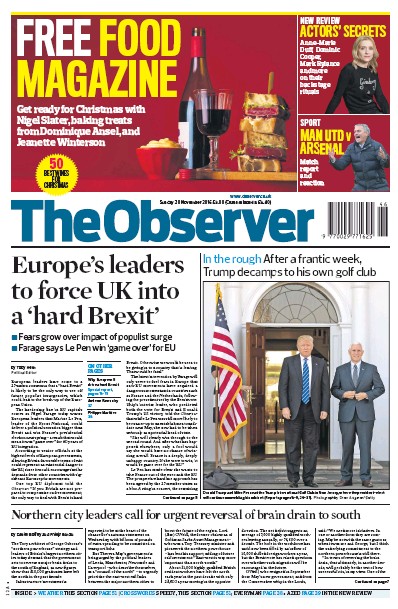 The Observer (UK) Newspaper Front Page for 20 November 2016