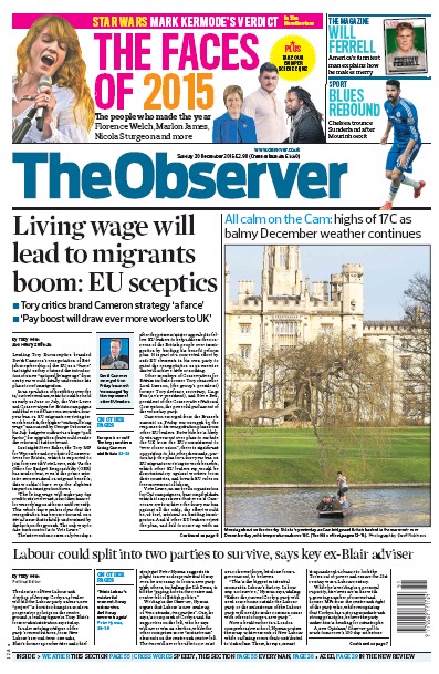 The Observer (UK) Newspaper Front Page for 20 December 2015