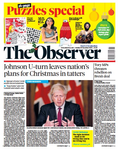 The Observer Newspaper Front Page for 20 December 2020