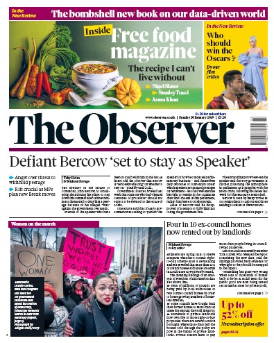 The Observer (UK) Newspaper Front Page for 20 January 2019