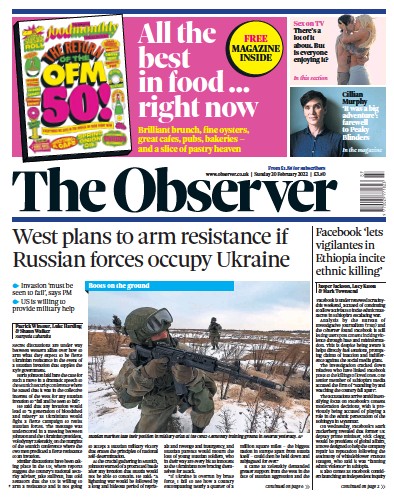 The Observer (UK) Newspaper Front Page for 20 February 2022