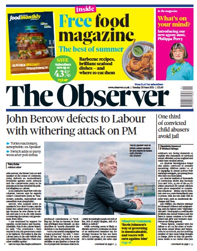 The Observer (UK) Newspaper Front Page for 20 June 2021