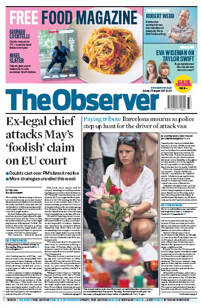 The Observer (UK) Newspaper Front Page for 20 August 2017