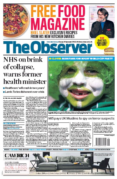 The Observer (UK) Newspaper Front Page for 20 September 2015