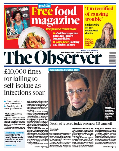 The Observer (UK) Newspaper Front Page for 20 September 2020