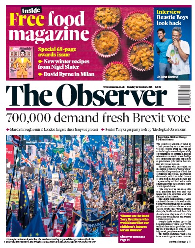 The Observer (UK) Newspaper Front Page for 21 October 2018