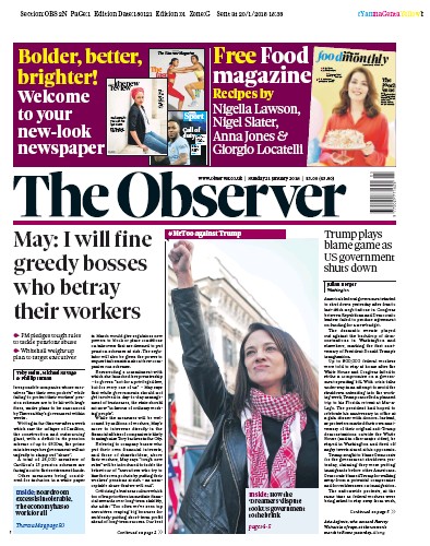 The Observer Newspaper Front Page for 21 January 2018