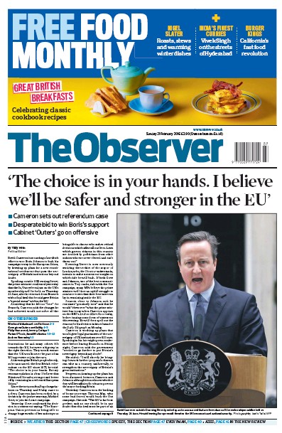 The Observer Newspaper Front Page for 21 February 2016