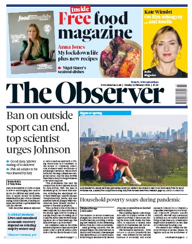 The Observer Newspaper Front Page for 21 February 2021