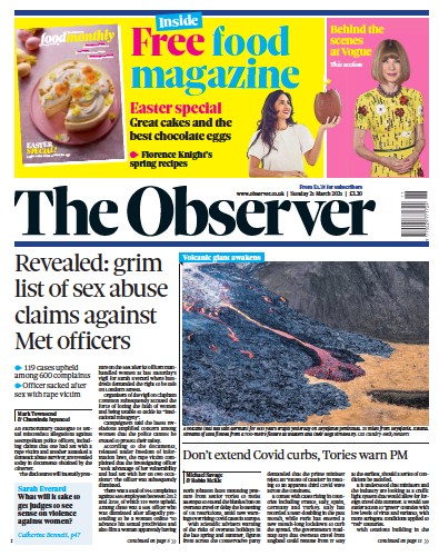 The Observer (UK) Newspaper Front Page for 21 March 2021