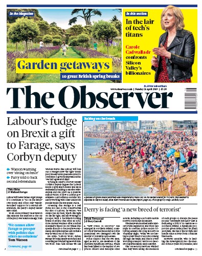 The Observer Newspaper Front Page for 21 April 2019